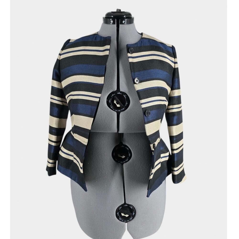 Ann Taylor Blazer Women's 0 Navy Beige Striped Peplum Career NWT